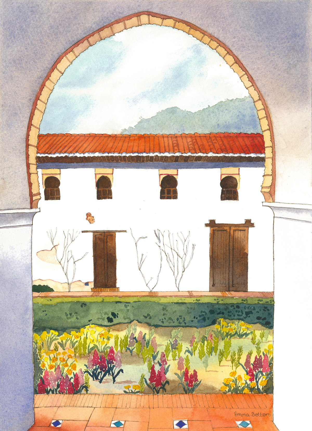 Expressive watercolour painting by emma bolton of the view through an ornate archway. A colourful garden full of flowers sits in front of a white building with a tiled roof and wooden details.